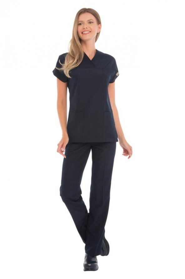 Kadın Doktor Hemşire Forması Scrubs Likralı Esnek Kumaş Hastane Nöbet Takımı (Zarf Yaka Yarasa Kol) - 2
