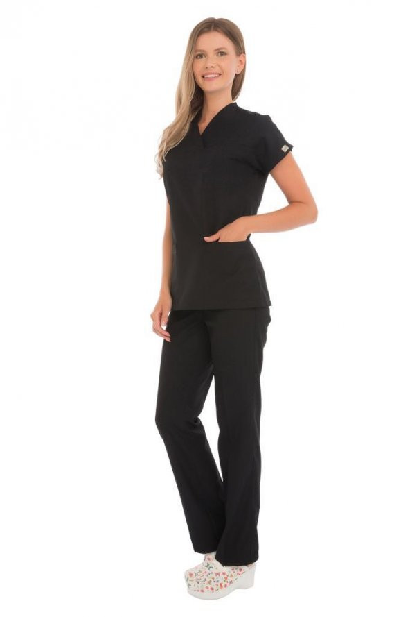 Kadın Doktor Hemşire Forması Scrubs Likralı Esnek Kumaş Hastane Nöbet Takımı (Zarf Yaka Yarasa Kol) - 5