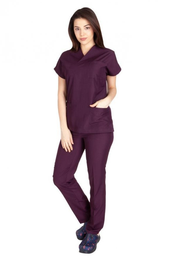 Kadın Doktor Hemşire Forması Scrubs Likralı Esnek Kumaş Hastane Nöbet Takımı (Zarf Yaka Yarasa Kol) - 6