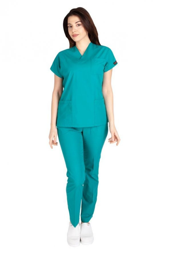 Kadın Doktor Hemşire Forması Scrubs Likralı Esnek Kumaş Hastane Nöbet Takımı (Zarf Yaka Yarasa Kol) - 9