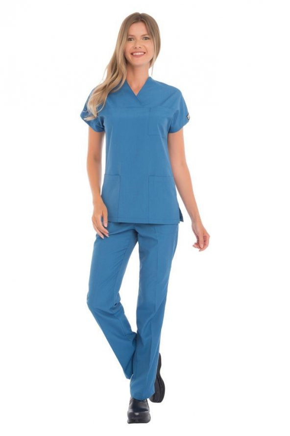 Kadın Doktor Hemşire Forması Scrubs Likralı Esnek Kumaş Hastane Nöbet Takımı (Zarf Yaka Yarasa Kol) - 12