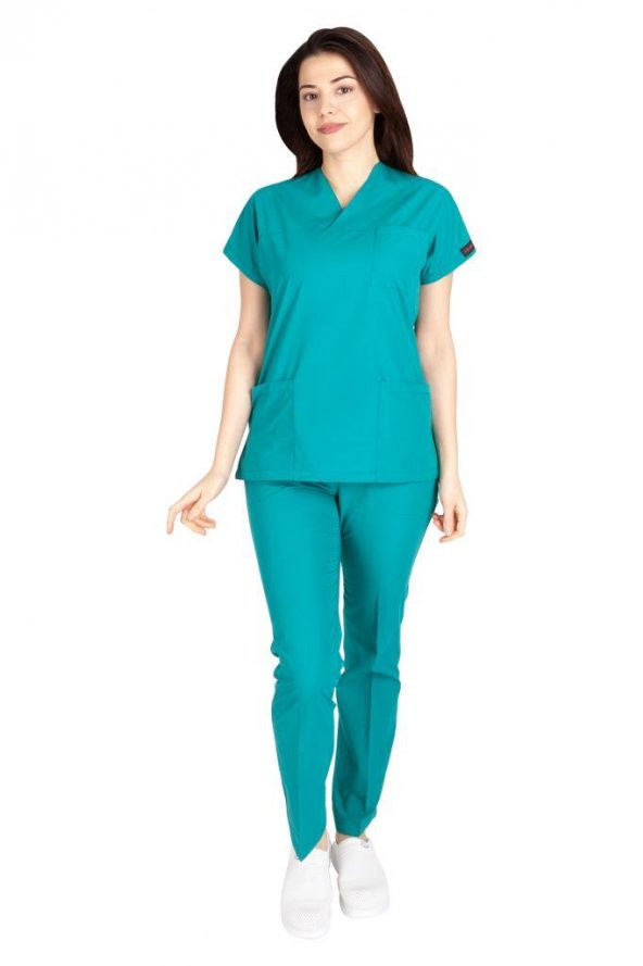 Kadın Doktor Hemşire Forması Scrubs Likralı Esnek Kumaş Hastane Nöbet Takımı (Zarf Yaka Yarasa Kol) - 8