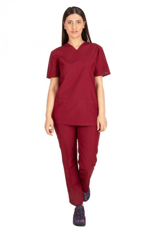 Kadın Doktor Hemşire Forması Scrubs Alpaka Kumaş Hastane Nöbet Takımı (Zarf Yaka Klasik Kol) - 9