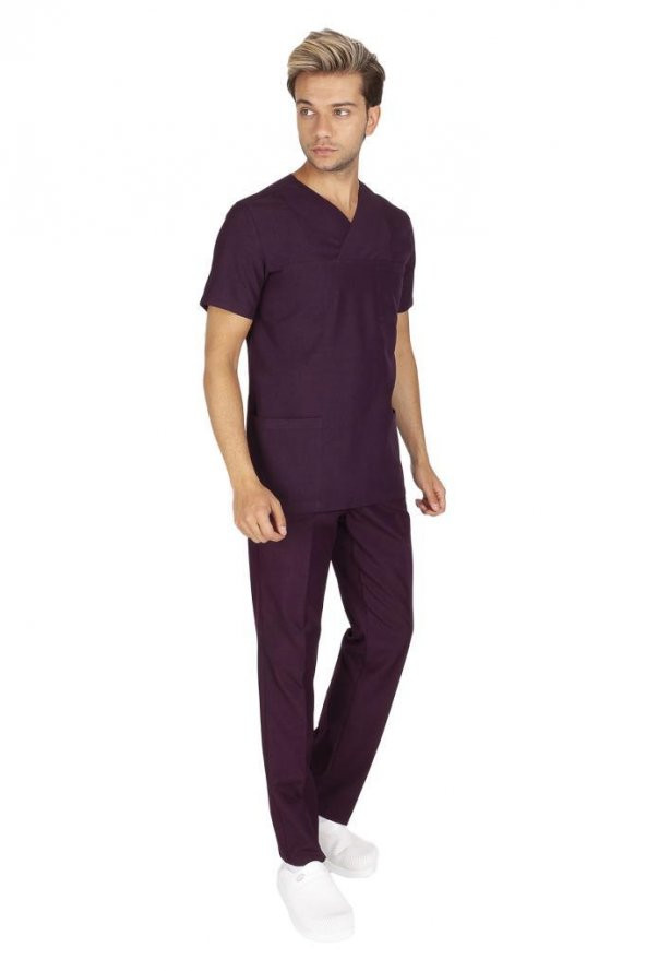 Erkek Doktor Hemşire Forması Scrubs Alpaka Kumaş Hastane Nöbet Takımı (Zarf Yaka Klasik Kol) - 4