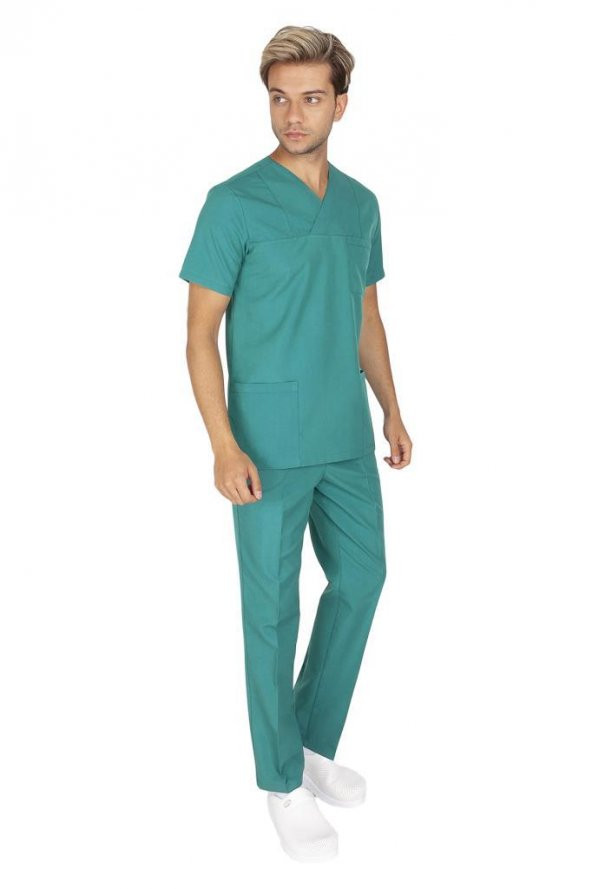 Erkek Doktor Hemşire Forması Scrubs Alpaka Kumaş Hastane Nöbet Takımı (Zarf Yaka Klasik Kol) - 6