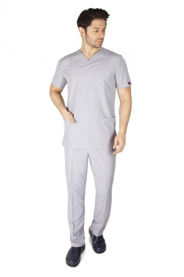 Erkek Doktor Hemşire Forması Scrubs Alpaka Kumaş Hastane Nöbet Takımı (Zarf Yaka Klasik Kol) - 8