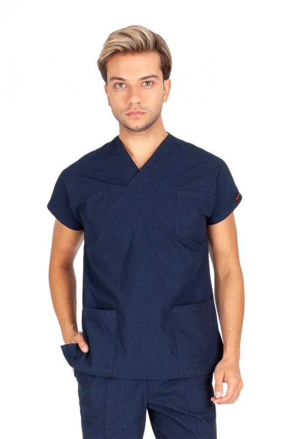 Erkek Doktor Hemşire Forması Scrubs Likralı Esnek Kumaş Hastane Nöbet Tek Üst (Zarf Yaka Yarasa Kol) - 2