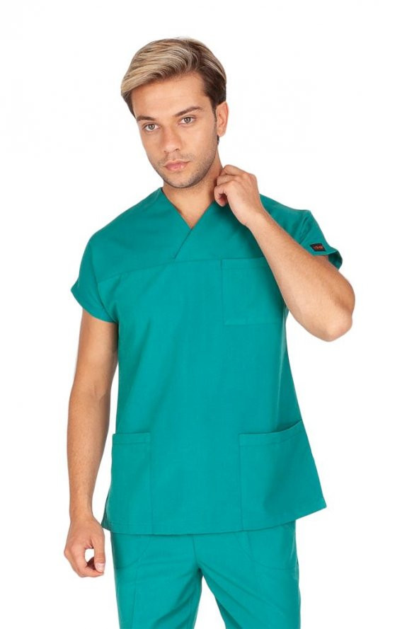 Erkek Doktor Hemşire Forması Scrubs Likralı Esnek Kumaş Hastane Nöbet Tek Üst (Zarf Yaka Yarasa Kol) - 7