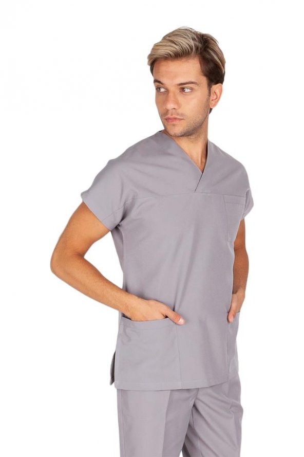 Erkek Doktor Hemşire Forması Scrubs Likralı Esnek Kumaş Hastane Nöbet Tek Üst (Zarf Yaka Yarasa Kol) - 8