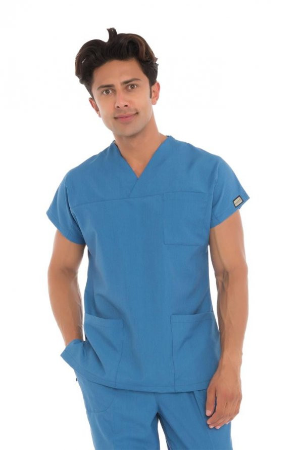 Erkek Doktor Hemşire Forması Scrubs Likralı Esnek Kumaş Hastane Nöbet Tek Üst (Zarf Yaka Yarasa Kol) - 12