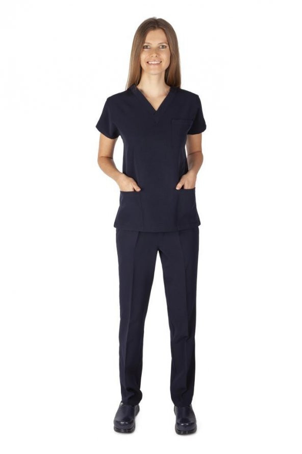 Kadın Doktor Hemşire Forması Scrubs Alpaka Kumaş Hastane Nöbet Takımı (V Yaka Dr Greys) - 3