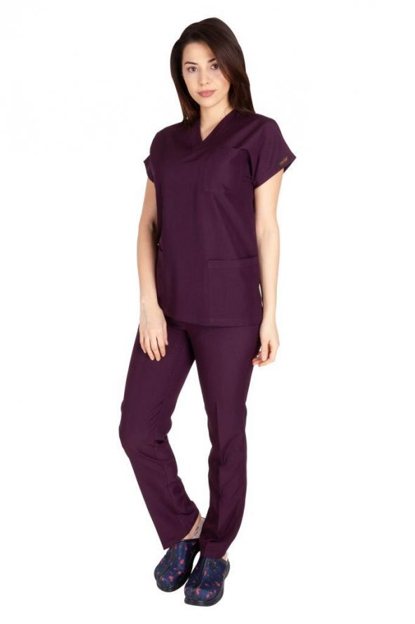 Kadın Doktor Hemşire Forması Scrubs Alpaka Kumaş Hastane Nöbet Takımı (V Yaka Dr Greys) - 4