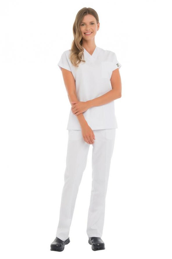 Kadın Doktor Hemşire Forması Scrubs Alpaka Kumaş Hastane Nöbet Takımı (V Yaka Dr Greys) - 6