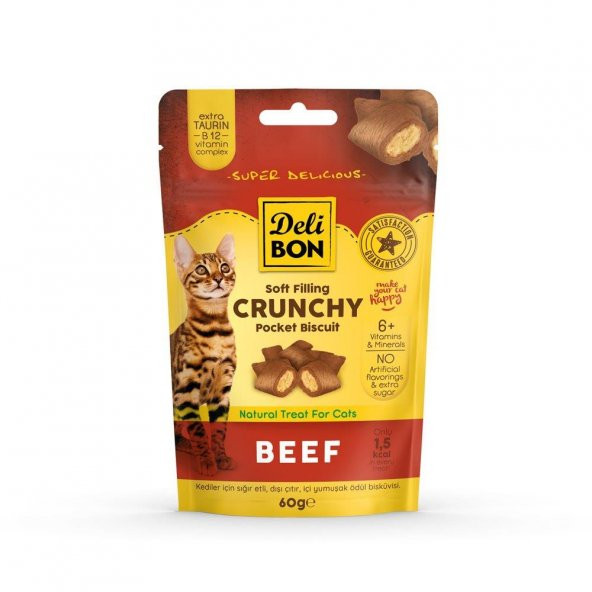 Delibon Crunchy İçi Dolgulu Bisküvi Sığır Etli Kedi Ödülü 60gr