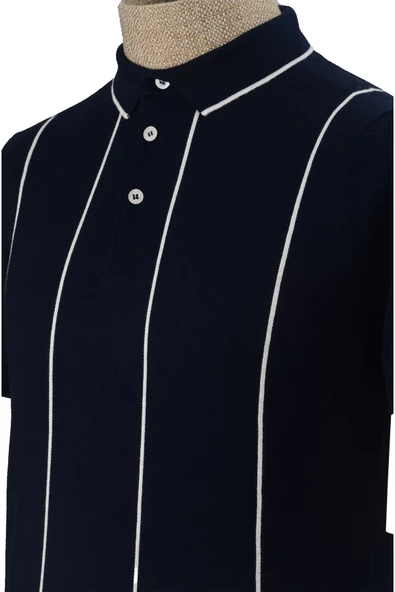 Cengiz İnler Çizgili Polo Yaka Düğmeli Merserize Erkek Triko T-shirt - 12