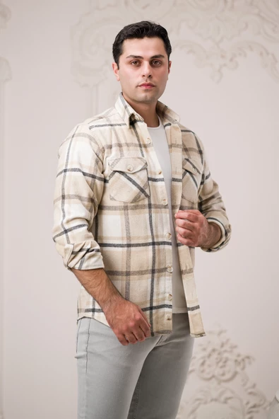 Slimfit Çift Cepli Ekoseli Pamuklu Kalın Erkek Oduncu Gömlek - Resim 7