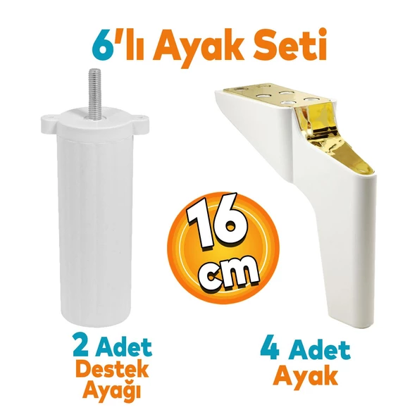Logan 6'lı Set Mobilya Tv Ünitesi Koltuk Kanepe Destek Ayağı 16 Cm Beyaz Altın Ayakları M8 Civata