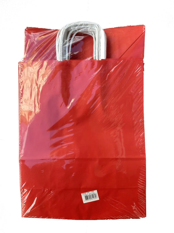 Büküm Saplı Kraft Kağıt Çanta Karton Hediyelik Poşet Torba - Kırmızı - 25x31 Cm. - 25 Adetlik Paket