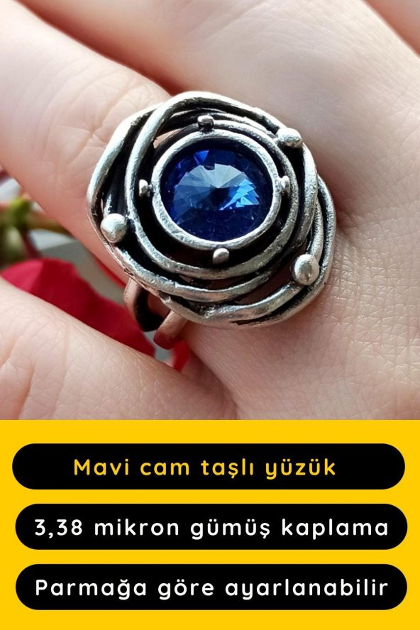 Özel Şekilli Mavi Cam Taşlı Kadın Yüzük Gümüş Kaplama Ayarlanabilir El Yapımı Yüzük