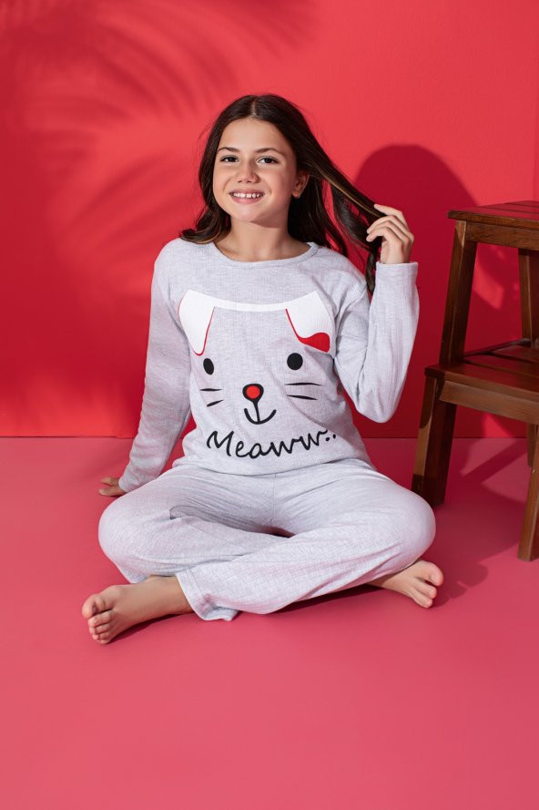 Kız Çocuk Pamuklu İnterlok Kışlık Termal Uzunkol Pijama Takımı Hayvan Nakışlı