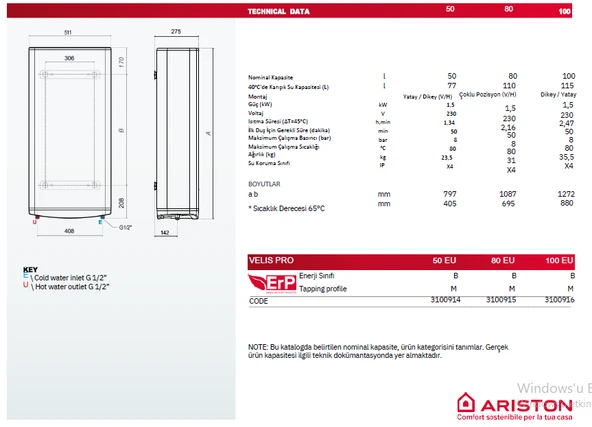 Ariston Velis PRO 80 EU 80 lt Termosifon - Montaj Hariç - 3