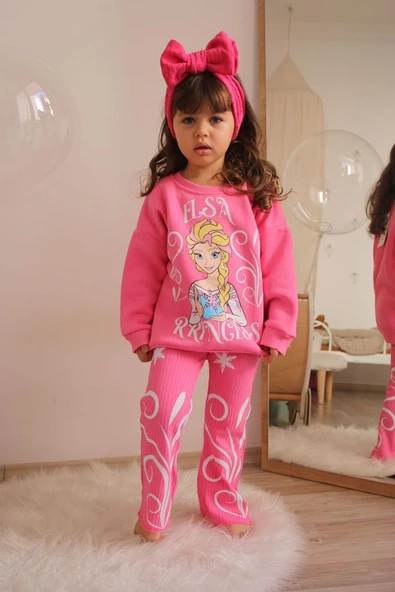 KIZ ÇOCUK ELSA MİCKEY 3 İPLİK İSPANYOL PAÇA TAYTLI PAMUK TAKIM - 8