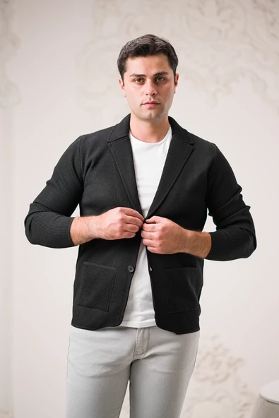 Regular Fit Sivri Yaka Torba Cepli Kendinden Çizgili Düğmeli Erkek Triko Hırka - 8