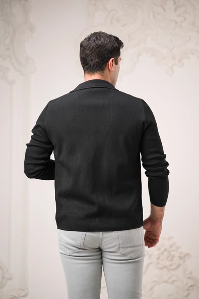 Regular Fit Sivri Yaka Torba Cepli Kendinden Çizgili Düğmeli Erkek Triko Hırka - 10