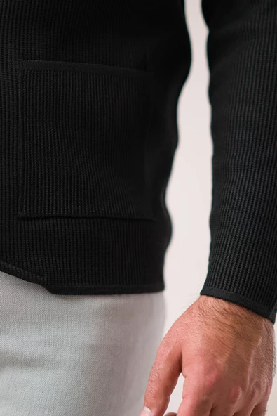 Regular Fit Sivri Yaka Torba Cepli Kendinden Çizgili Düğmeli Erkek Triko Hırka - 11