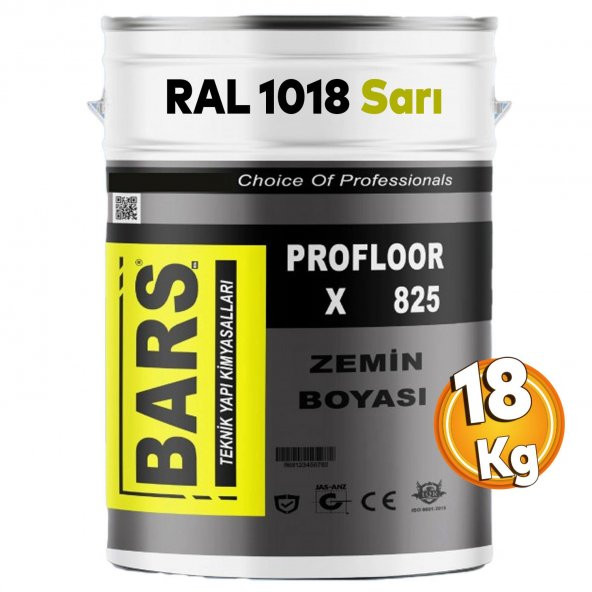 Bars Profloor 825 Hibrit Reçine Esaslı Dayanıklı Zemin Boyası Yer Otopark Boyası RAL 1018 Sarı 18 Kg