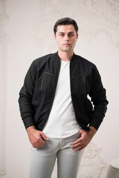 Regular Fit Önü Süetli Arkası Triko Dik Yaka Fermuar Kapamalı Yan Cepli Erkek Mont - 2