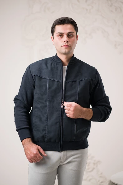 Regular Fit Önü Süetli Arkası Triko Dik Yaka Fermuar Kapamalı Yan Cepli Erkek Mont - 12