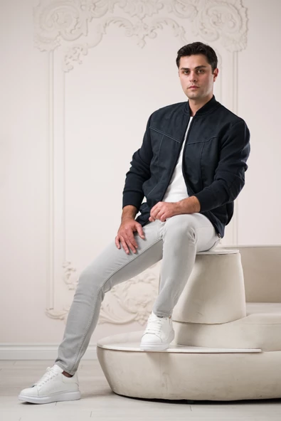 Regular Fit Önü Süetli Arkası Triko Dik Yaka Fermuar Kapamalı Yan Cepli Erkek Mont - 8