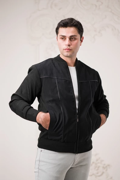 Regular Fit Önü Süetli Arkası Triko Dik Yaka Fermuar Kapamalı Yan Cepli Erkek Mont - 4