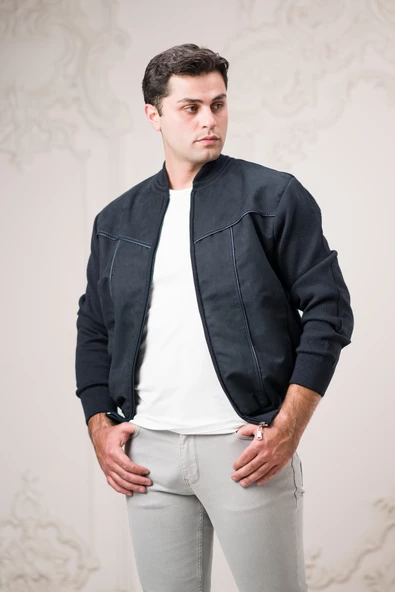 Regular Fit Önü Süetli Arkası Triko Dik Yaka Fermuar Kapamalı Yan Cepli Erkek Mont - 11