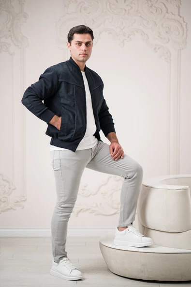 Regular Fit Önü Süetli Arkası Triko Dik Yaka Fermuar Kapamalı Yan Cepli Erkek Mont - 10