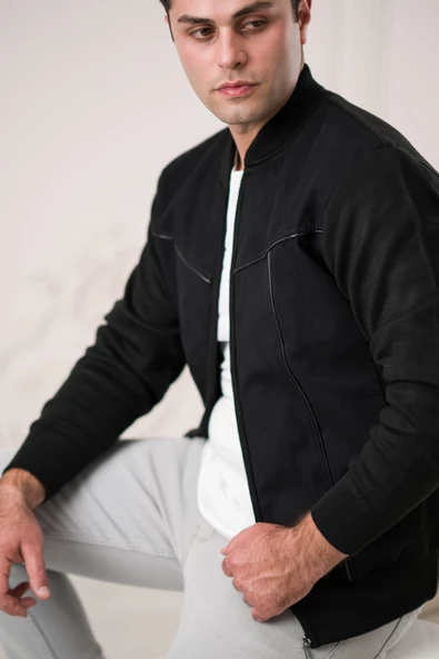 Regular Fit Önü Süetli Arkası Triko Dik Yaka Fermuar Kapamalı Yan Cepli Erkek Mont - 5