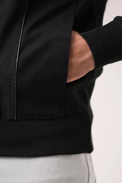 Regular Fit Önü Süetli Arkası Triko Dik Yaka Fermuar Kapamalı Yan Cepli Erkek Mont - 7