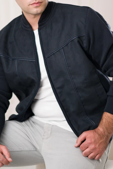 Regular Fit Önü Süetli Arkası Triko Dik Yaka Fermuar Kapamalı Yan Cepli Erkek Mont - 9