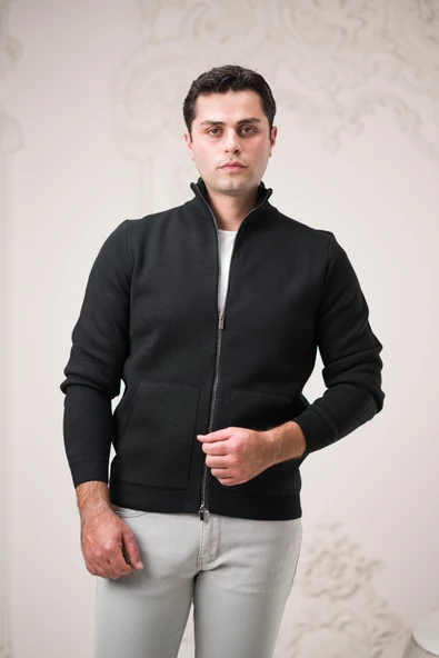 Regular Fit Dik Yaka Fermuar Kapamalı Yan Torba Cepli Erkek Triko Hırka - 11