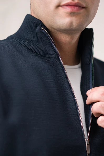 Regular Fit Dik Yaka Fermuar Kapamalı Yan Torba Cepli Erkek Triko Hırka - 8