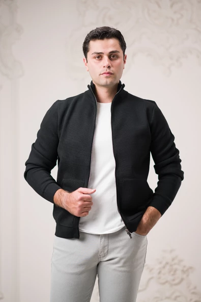 Regular Fit Dik Yaka Fermuar Kapamalı Yan Torba Cepli Erkek Triko Hırka - 12