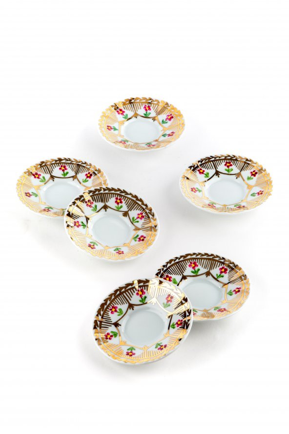 El Boyaması Porselen Çay Tabak Seti - Beykoz 6'lı Çay Tabak Pembe