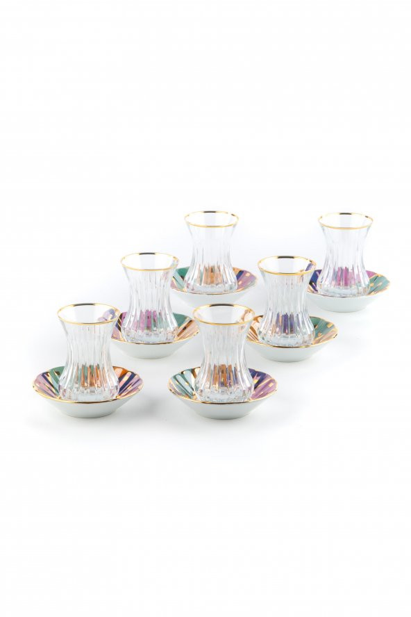 El Boyaması Çay Seti Porselen Tabak Cam Bardak 6'lı Candy Miks