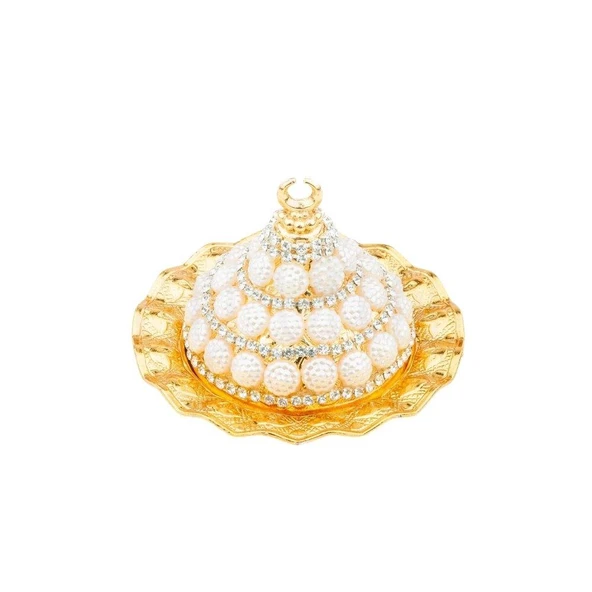 Boncuk ve Swarovski Taşlı Lokumluk Kahve Yanı Çikolatalık DrajelikKubbeli No.2 Sarı - 3