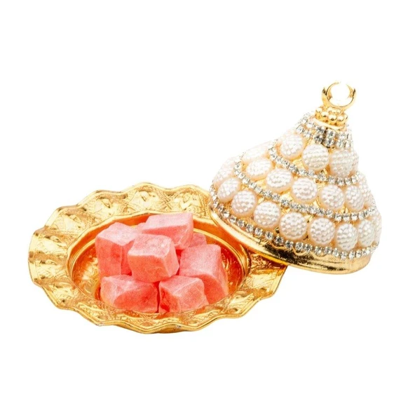 Boncuk ve Swarovski Taşlı Lokumluk Kahve Yanı Çikolatalık DrajelikKubbeli No.2 Sarı - 2