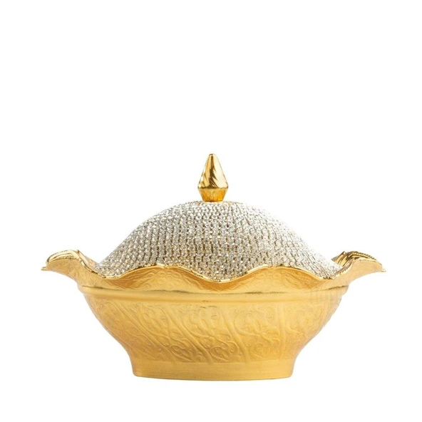 Swarovski Taşlı Şekerlik Büyük Oval Kapaklı Drajelik Dekoratif Altın
