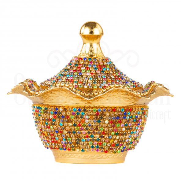 Renkli Swarovski Taşlı Şekerlik Drajelik Dekoratif Büyük Yuvarlak Lalegül Altın