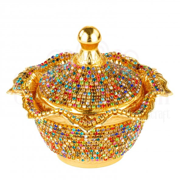 Renkli Swarovski Taşlı Şekerlik Drajelik Dekoratif Büyük Yuvarlak Lalegül Altın - 2
