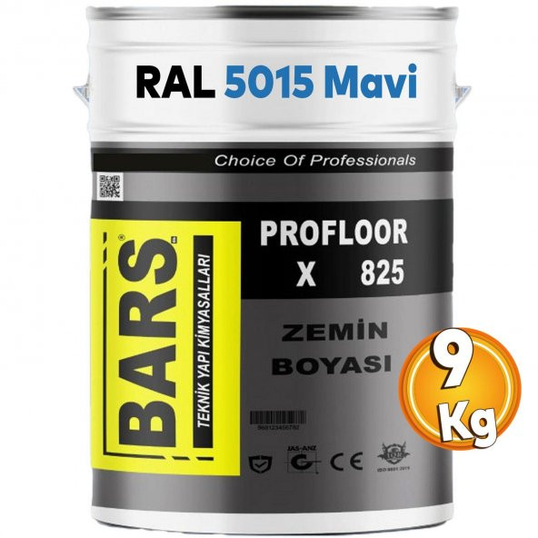 Bars RAL 5015 Mavi Hibrit Reçine Esaslı Profloor 825 Dayanıklı Zemin Boyası Yer Otopark Boyası 9 Kg